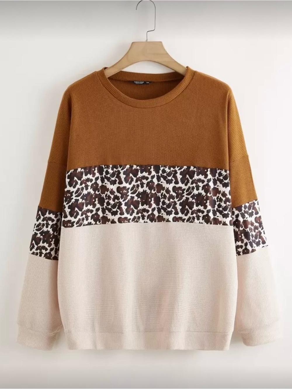 SHEIN Camel & Cream Colorblock Crewneck Sweater with Leopard Band